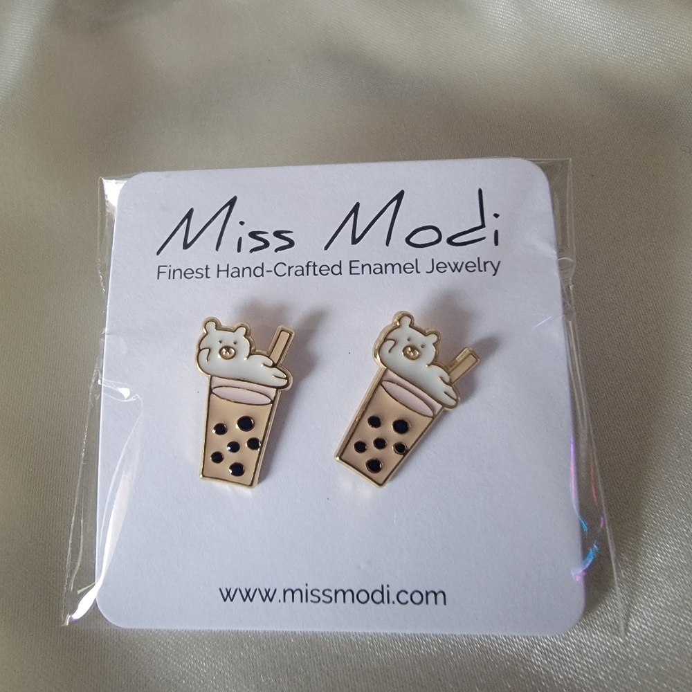 Boba Bear Miss Modi 24K Gold Plated Enamel Stud Earrings